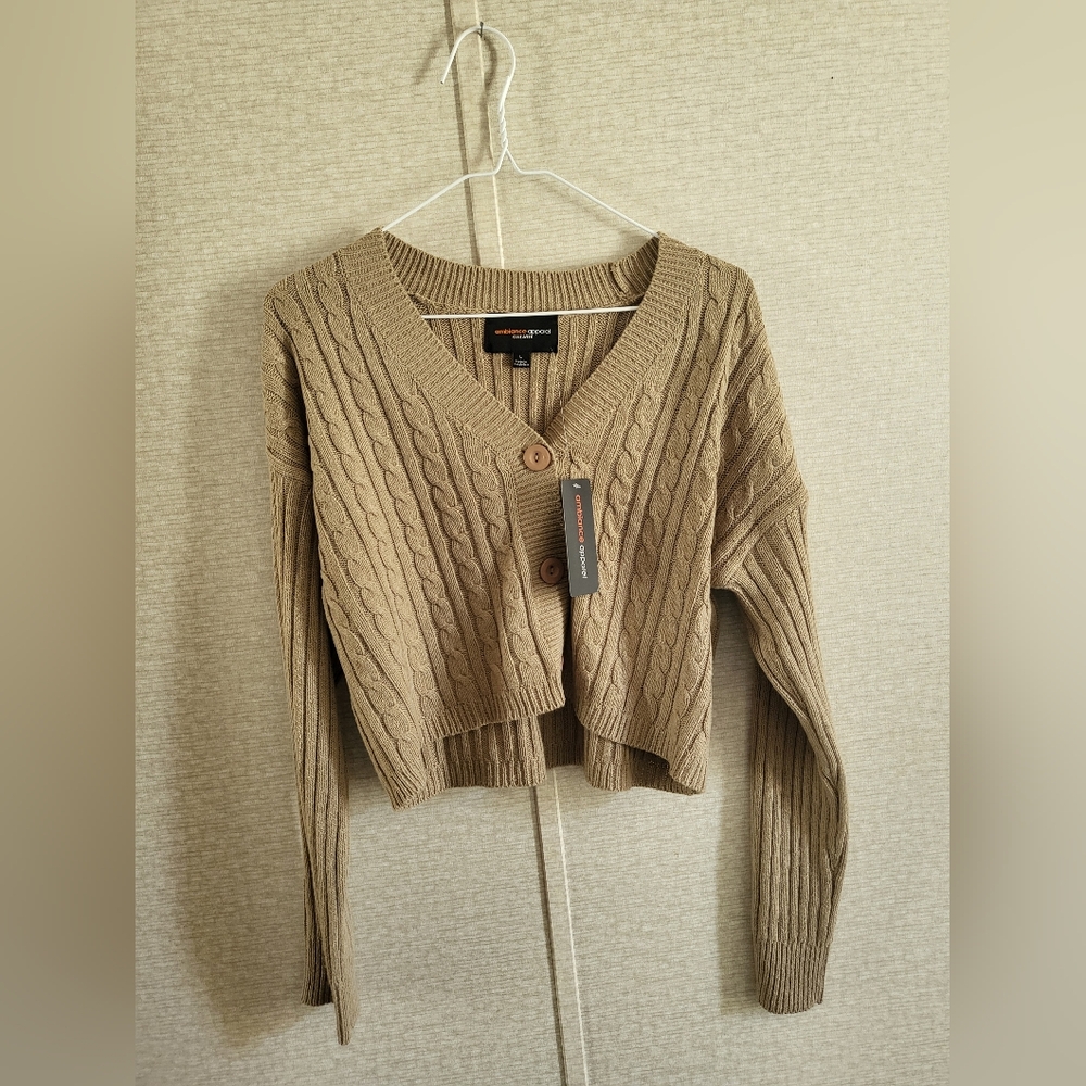 Ambiance Tan Cable Knit Cardigan Sweater